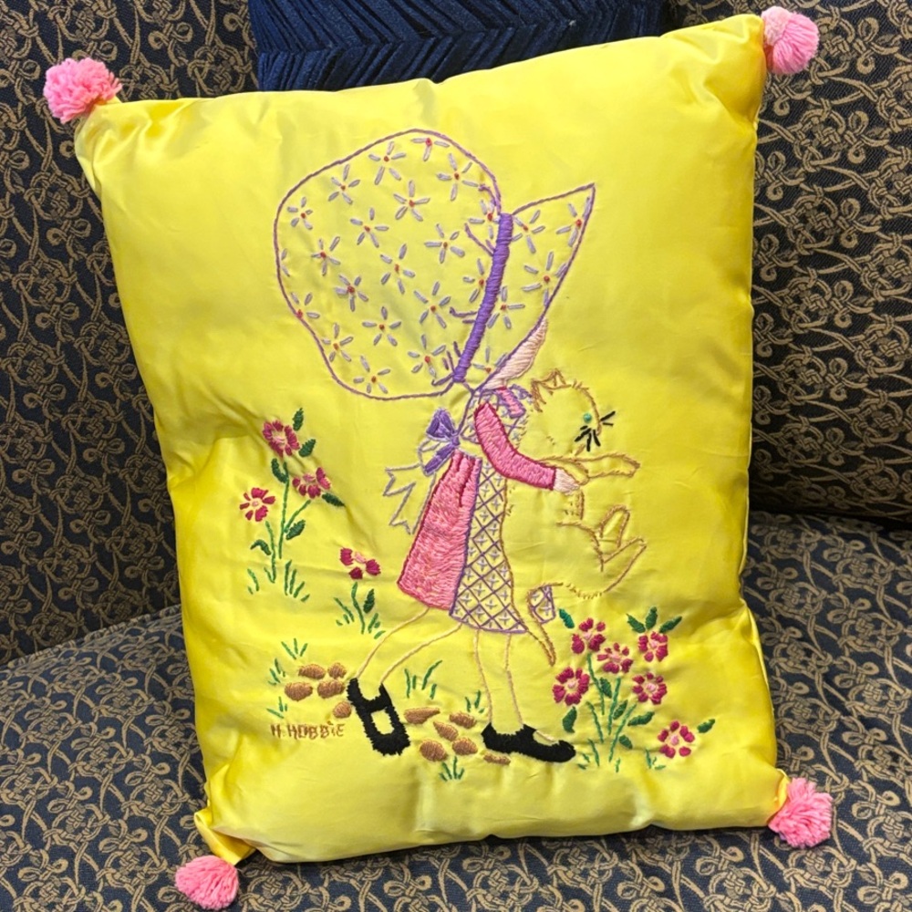 Charming Yellow Embroidered Accent Pillow with Hollie Hobbie Handmade